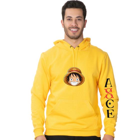 Imagem de Blusa Moletom Flanelado Adulto e Infantil Monkey D. Luffy Rosto Com Bolso Canguru e Capuz - Amarelo