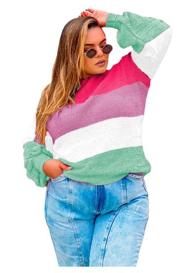 Imagem de Blusa Plus Feminino Listrado Candy Tricot Inverno Bufante