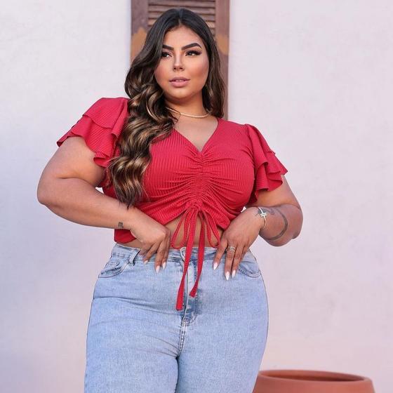 Imagem de Blusa plus size canelado manga 2 babados regulagem frontal tamanho grande feminino básico