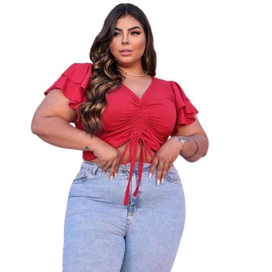 Imagem de Blusa plus size canelado manga 2 babados regulagem frontal tamanho grande feminino