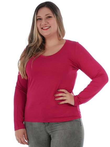 Imagem de Blusa Plus Size Feminina Decote V. Manga Longa Rosa Vibrante