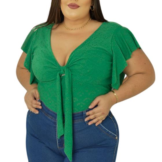 Imagem de Blusa Plus Size Feminina Gola V Amarração Manga Lese Malha