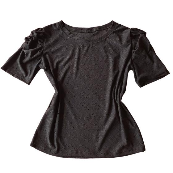 Imagem de Blusa Plus Size Feminina Manga Curta Bufante Gola Redonda Lese Elastano