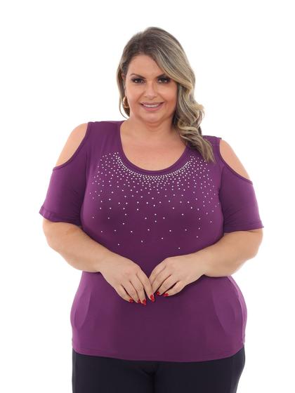 Imagem de Blusa Plus Size Malha Com Ombro Aberto E Chuva Em Strass