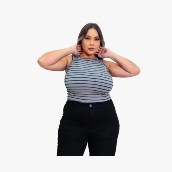 Imagem de Blusa plus Size top cropped canelado listrado moda feminina