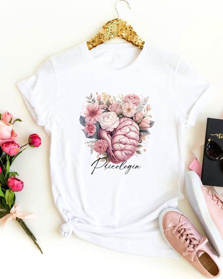 Imagem de Blusa profissão psicologia cérebro desenho inteligência artificial flores camiseta feminina curso