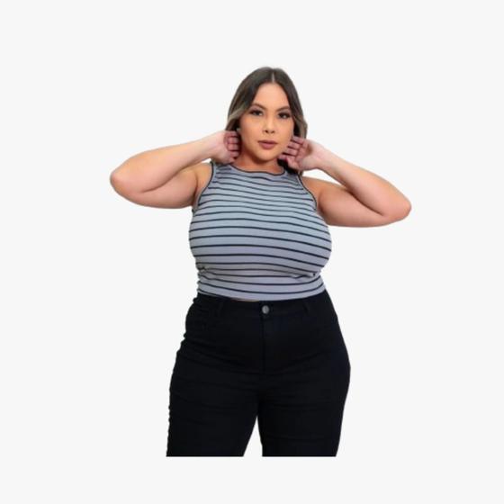 Imagem de Blusa regata cavada justa no corpo plus Size listrada Estilo Clássico