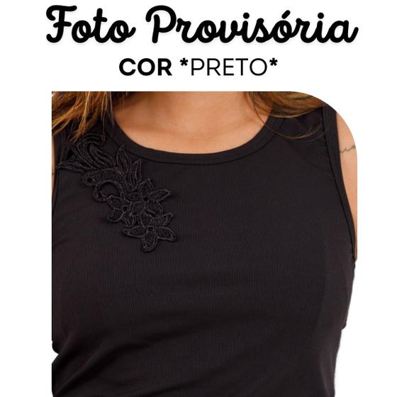 Imagem de Blusa Regata Plus Size Poliamida Canelada Renda Floral Detalhe Alça Larga Básica 45724