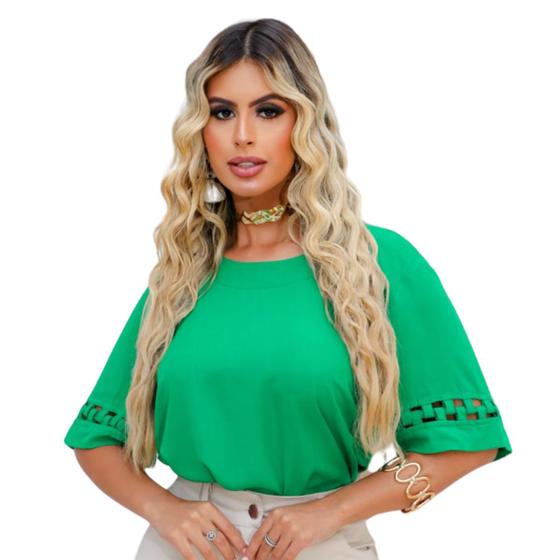 Imagem de Blusa Social Feminina Manga Curta Detalhe Alfaiataria Elegante