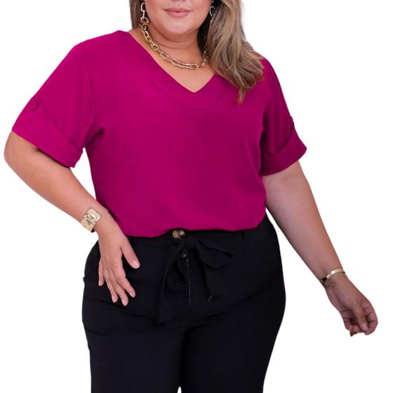 Imagem de Blusa Social Plus Size Feminina Camisa Manga Curta Botões Viscolinho