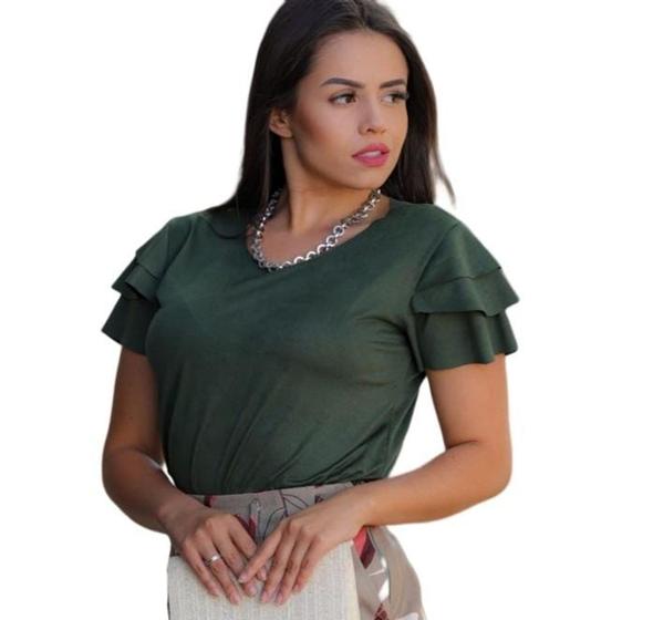 Imagem de Blusa suede macia feminina gola rasa manga três babados moda elegante