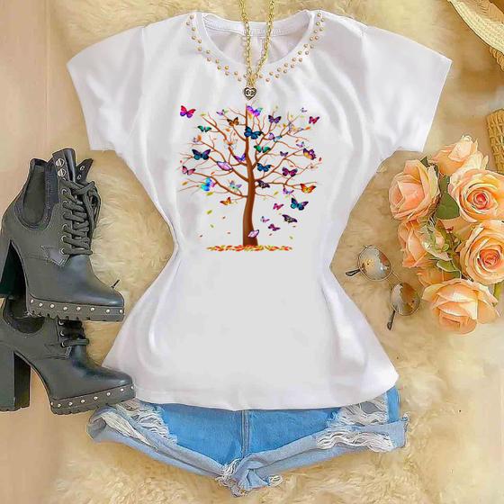 Blusa T-shirt de Luxo com Pérolas - Arvore com borboletas é boa?