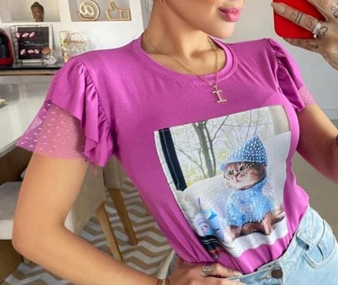 Imagem de Blusa t-shirt feminina manga curta dois babados lisa e tule poá diversos  sofisticada