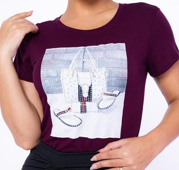 Imagem de Blusa t-shirt manga curta aplicação diversas gola sara moda feminina