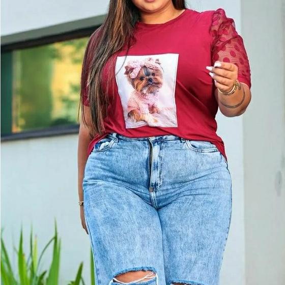 Imagem de Blusa t-shirt plus size manga bufante poa aplicação diversas moda feminina