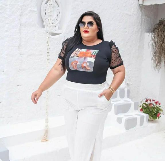 Imagem de Blusa t-shirt plus size manga bufante poa aplicação diversas tendência