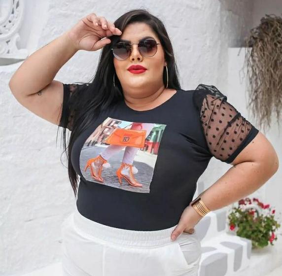 Imagem de Blusa t-shirt plus size manga bufante poa estampas diversas clássico