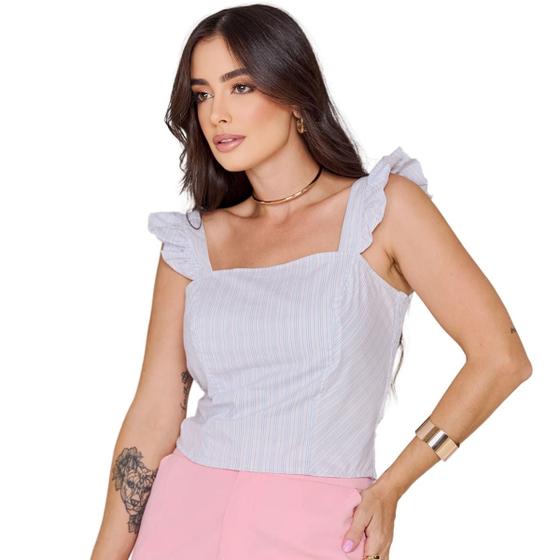 Imagem de Blusa Tecido de Alças Alcinha Babado com Babadinho Risca de Giz Listrado Verão Calor Tendencia Fresquinho VL0608