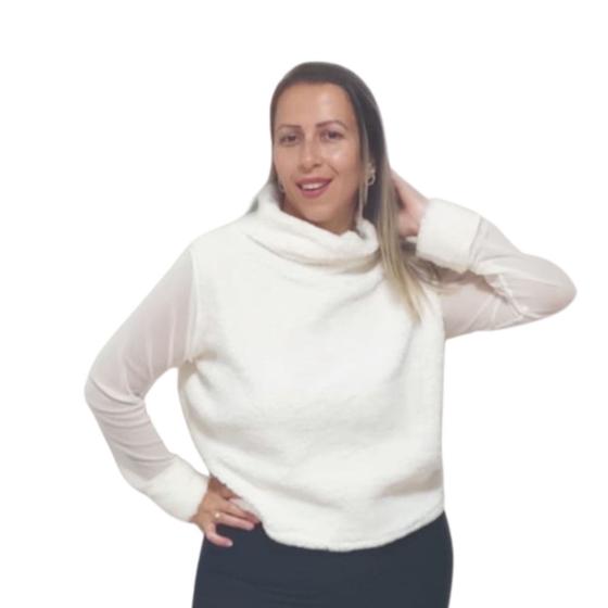 Imagem de Blusa Teddy De Tecido Peluciado Com Mangas De Tule Gola Alta