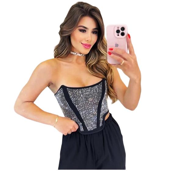 Imagem de Blusa Top Cropped Corselet sem alça Strass Barbatana