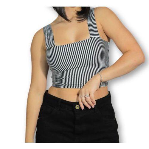 Imagem de Blusa top cropped listras preto e branco poliéster alça larga feminina