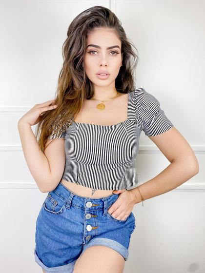 Imagem de Blusa top Cropped poliéster manga curta bufante listrado com bojo novidade feminina