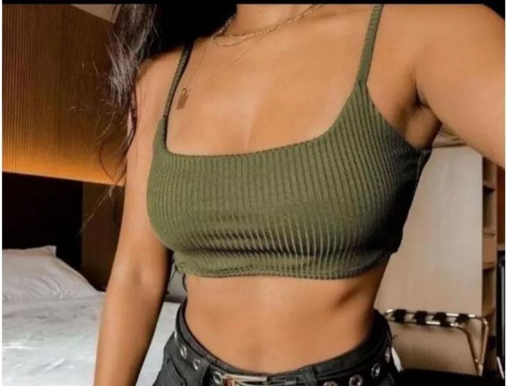 Imagem de Blusa top feminino canelado alça sem bojo lastex na cintura  básico