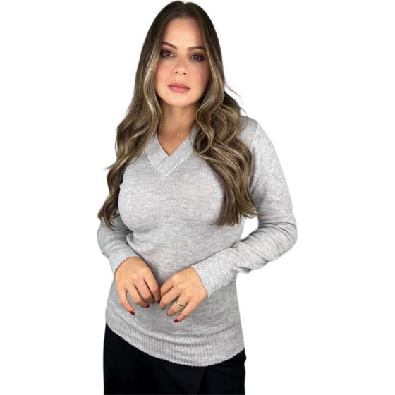 Imagem de Blusa Trico Basica De Frio Feminina Decote V Manga Longa