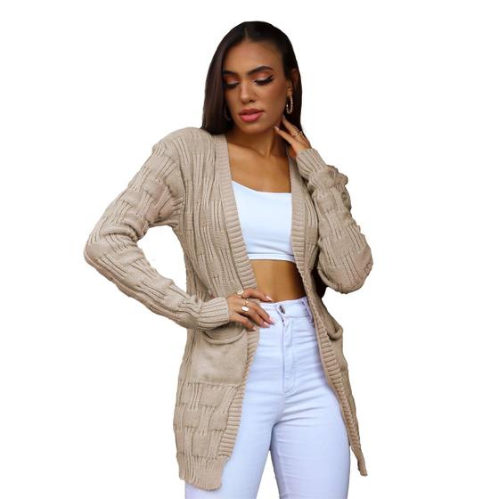 Imagem de Blusa Tricot Feminina Cardigan Aberto Manga Longa Bolso