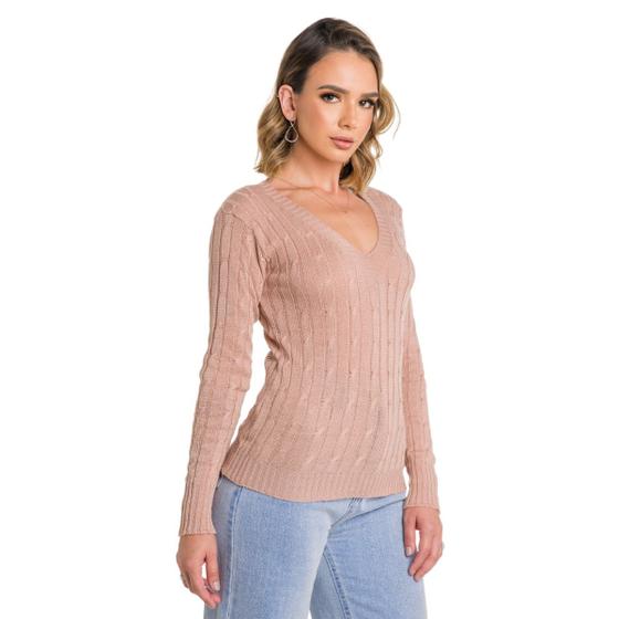 Imagem de Blusa Tricot Feminina Suéter Decote V Trança