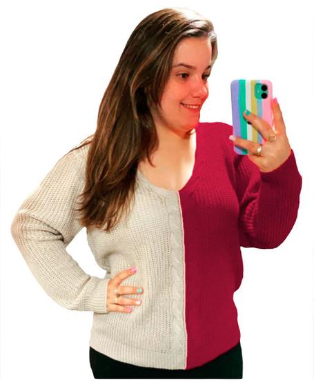 Imagem de Blusa Tricot Plus Size 2 Cores Trança Gola V Frio Moda