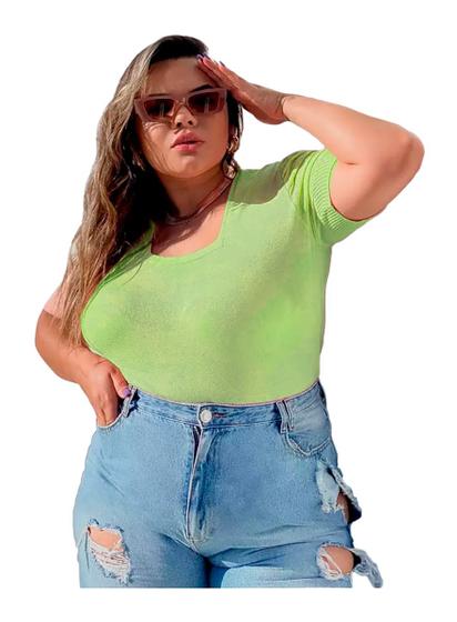 Imagem de Blusa Tricot Plus Size Decote Quadrado Manga Bufante Modal