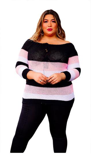 Imagem de Blusa Tricot Plus Size Feminina Frio Listras Moda Inverno