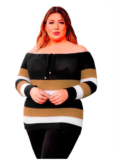 Imagem de Blusa Tricot Plus Size Feminina Frio Listras Moda Inverno