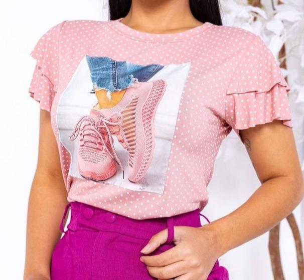 Imagem de Blusa tshirt feminina poá manga 2 babados aplicação estampas sortidas