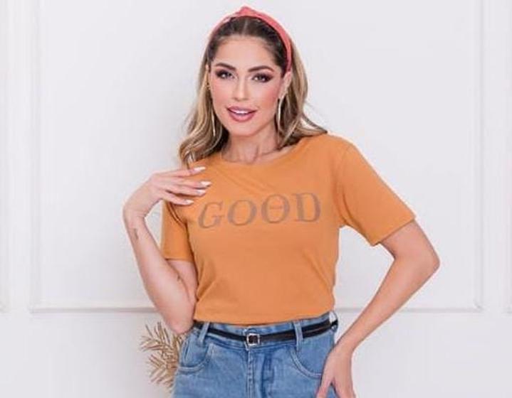 Imagem de Blusa tshirt feminina viscolycra Good vibes gola rasa básica