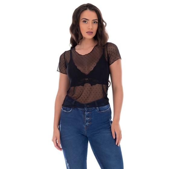 Imagem de Blusa Tshirt Tule Transparente Fristyle Manga Curta Poa Preto Lisa Adulto