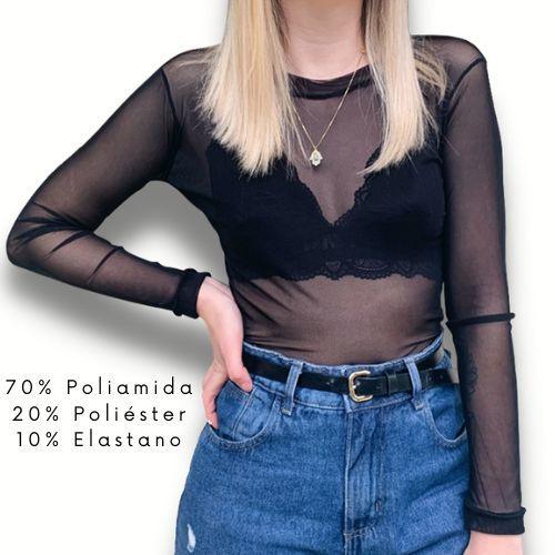 Imagem de Blusa Tule Feminina Manga Longa Transparente Preto Premium