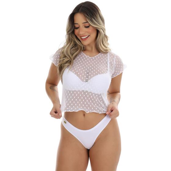 Imagem de Blusa Tule Feminina Transparente Fristyle Poá Manga Curta