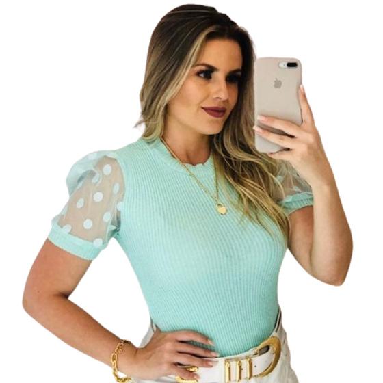 Imagem de Blusa Tule Manga Curta Luxo Elegante Poá Moda Blogueira