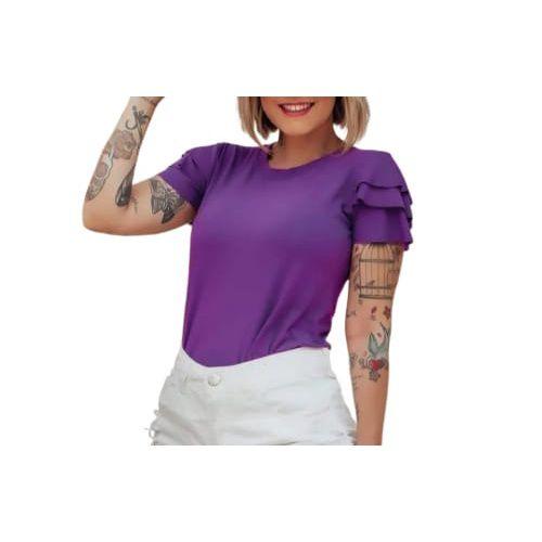 Imagem de Blusa viscolycra básica gola rasa manga curta 3 babados estilo feminino