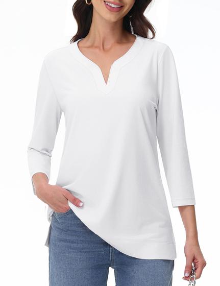 Imagem de Blusa YUCOLEN Summer de manga 3/4 com decote em V para mulheres, branca, tamanho M