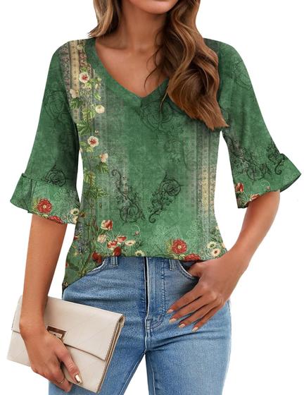 Imagem de Blusa Zeagoo com estampa floral para mulheres com decote em V e manga 3/4