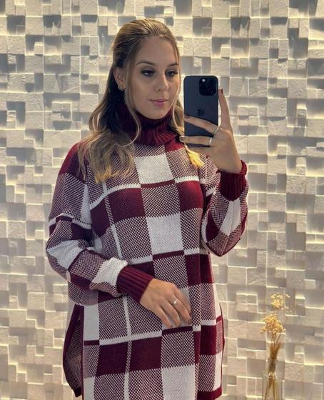 Blusão Poncho Tricot Feminino Xadrex inverno quentinho Ateliê Aquarelle Menor preço em Blusão Poncho Tricot Feminino Xadrex inverno quentinho Ateliê Aquarelle