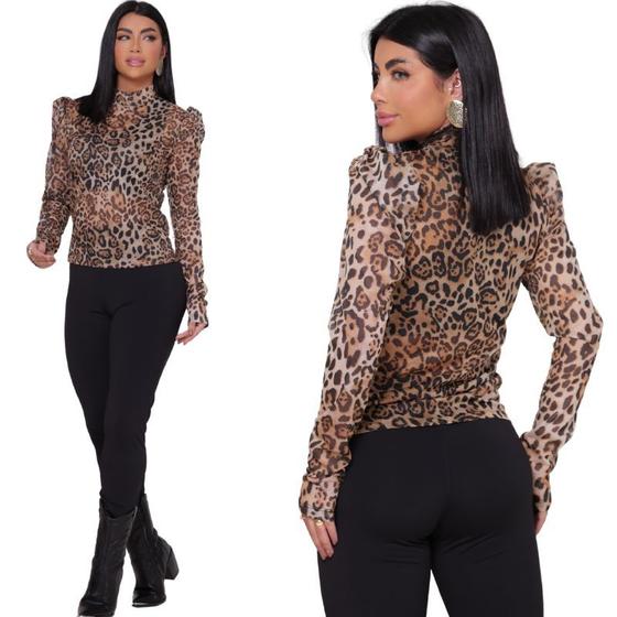 Imagem de BlusFeminina Gola Alta Estampa Animal Print Oncinha Manga Princesa Bufante