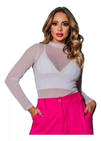 Imagem de Blusinha Cropped Tule Manga Longa Comprida Transparente Top