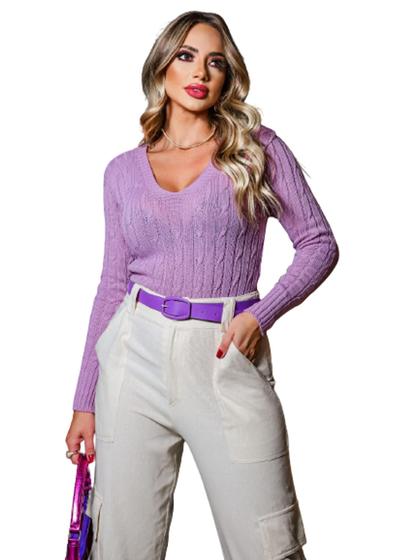 Imagem de Blusinha Feminina Manga Longa Trançada Tricot Modal Blusa Trancinha Manga Comprida Gola V