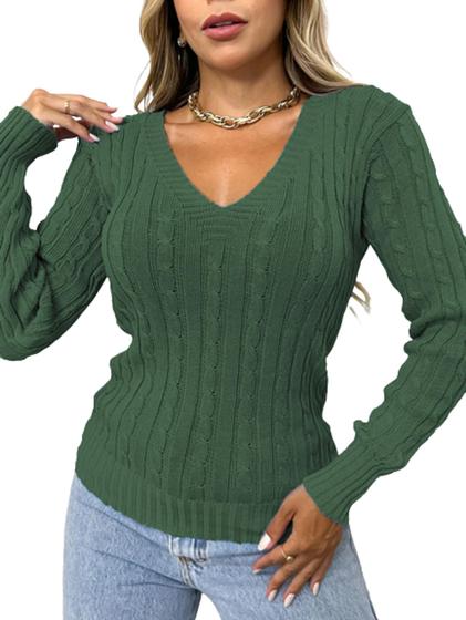 Imagem de Blusinha Feminina Manga Longa Trançada Tricot Modal Blusa Trancinha Manga Comprida Gola V