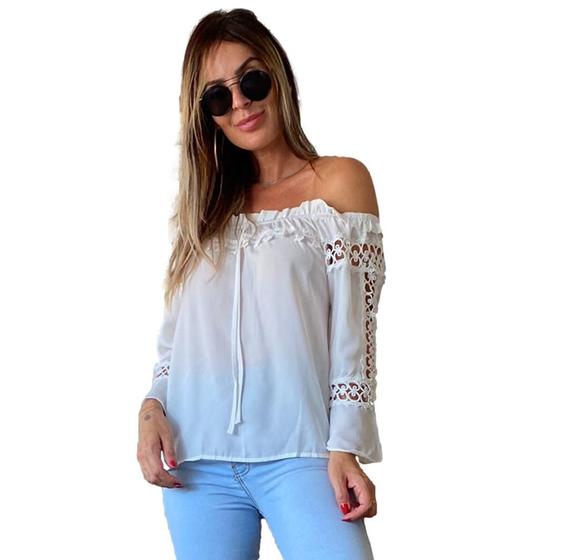 Imagem de Blusinha Feminino Ciganinha Detalhes Renda Guipir Manga Longa Ombro a Ombro ref 2748