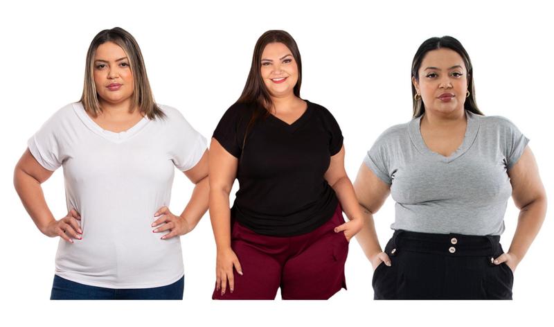 Imagem de Blusinhas Femininas Evangelica Malha Manga Curta Decote V Camiseta Academia Plus Size Kit 3 Cores